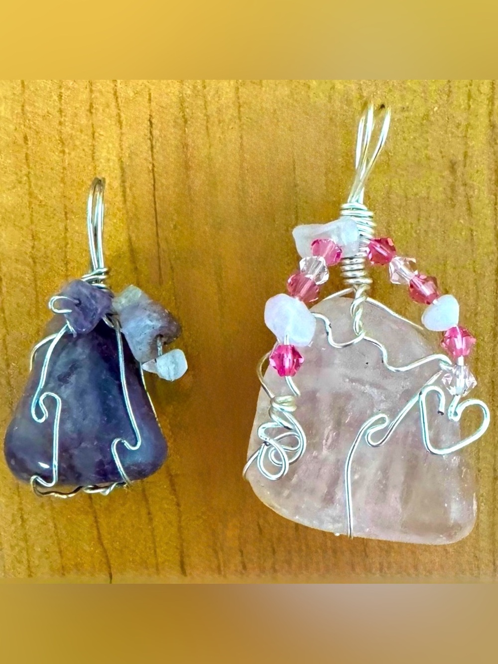 Bundle-2 Vintage Artisan Made Tumbled Stone Pendants-Rose Quartz & Amethyst